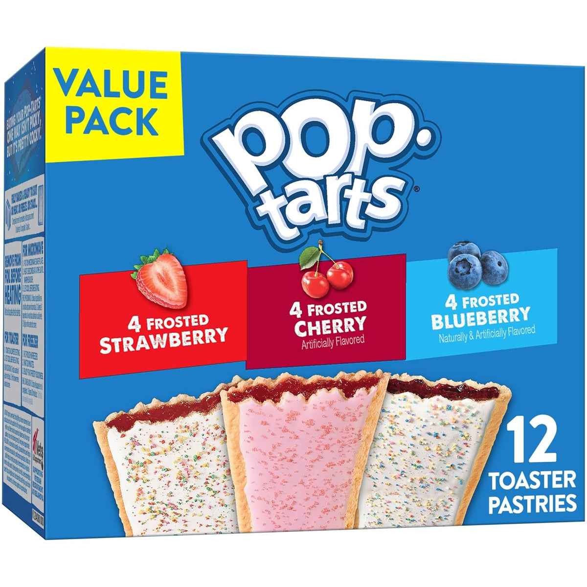 A box of Pop-Tarts Value Pack containing 12 toaster pastries, featuring strawberry, cherry, and blueberry flavors on a bright blue background with the Pop-Tarts logo.