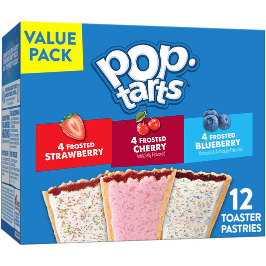 A box of Pop-Tarts Value Pack containing 12 toaster pastries, featuring strawberry, cherry, and blueberry flavors on a bright blue background with the Pop-Tarts logo.